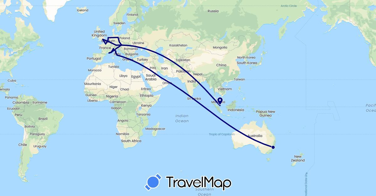 TravelMap itinerary: driving in Austria, Australia, Belgium, Czech Republic, Germany, France, United Kingdom, Italy, Monaco, Netherlands, Qatar, Singapore (Asia, Europe, Oceania)